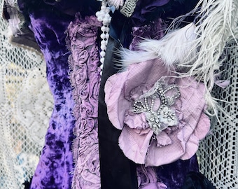 Purple velvet corset, Victorian lingerie, boudoir, dark cabaret, vintage circus, feathers , burlesque vaudeville, gothic showgirl Medium