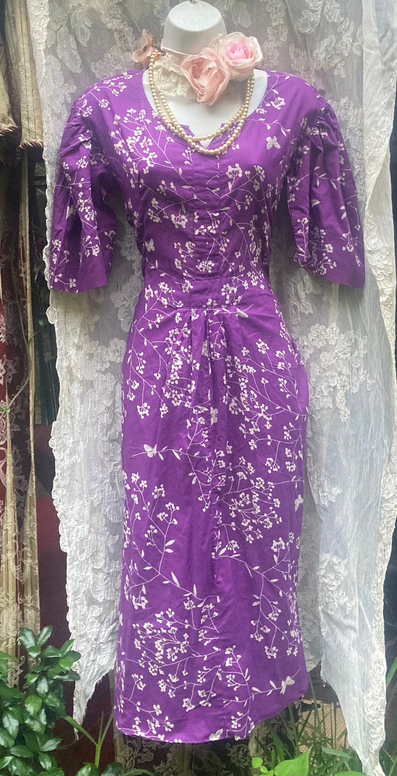 Purple midi dress Floral cotton vintage small from vintage opulence on Etsy image 3