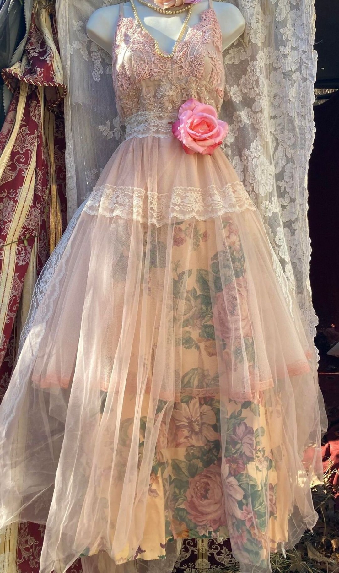 Beigeva | Embroidered Lace Bodice Tulle Dress with Tie-Up Neck