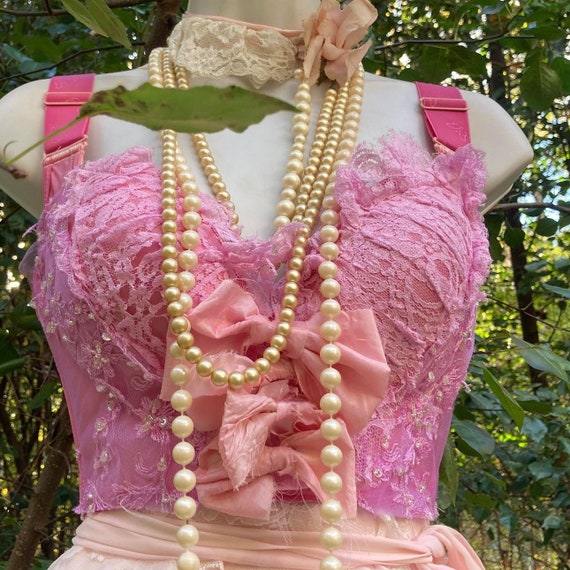 Pink Bow Bra Bustier Lace Costume Baroque Rococo Small 34B by