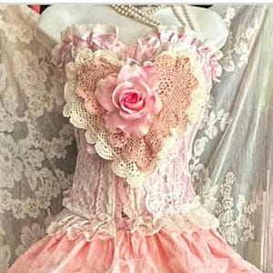 Pink heart bustier beige crochet lace ruffles romantic costume burlesque blush pink wedding gift  bustier36/ 38B theater costume