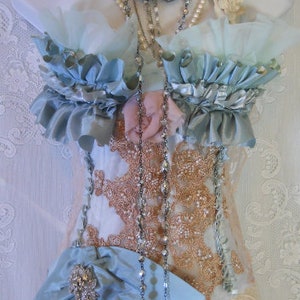Blauw romantisch korset, crèmekleurige kanten roze bustier met strik, topje in Marie Antoinette-stijl, rococo Frans korset, blauw burlesque kostuum, jouw maat