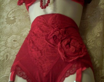 Red ruffled silk and lace bra and panty girdle set pin-up burlesque custom sizes