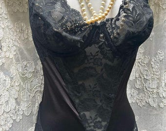 Black  vintage shaper, black bodysuit, romantic bedroom lacey black girdle, pin up lingerie burlesque black body shaper 36C