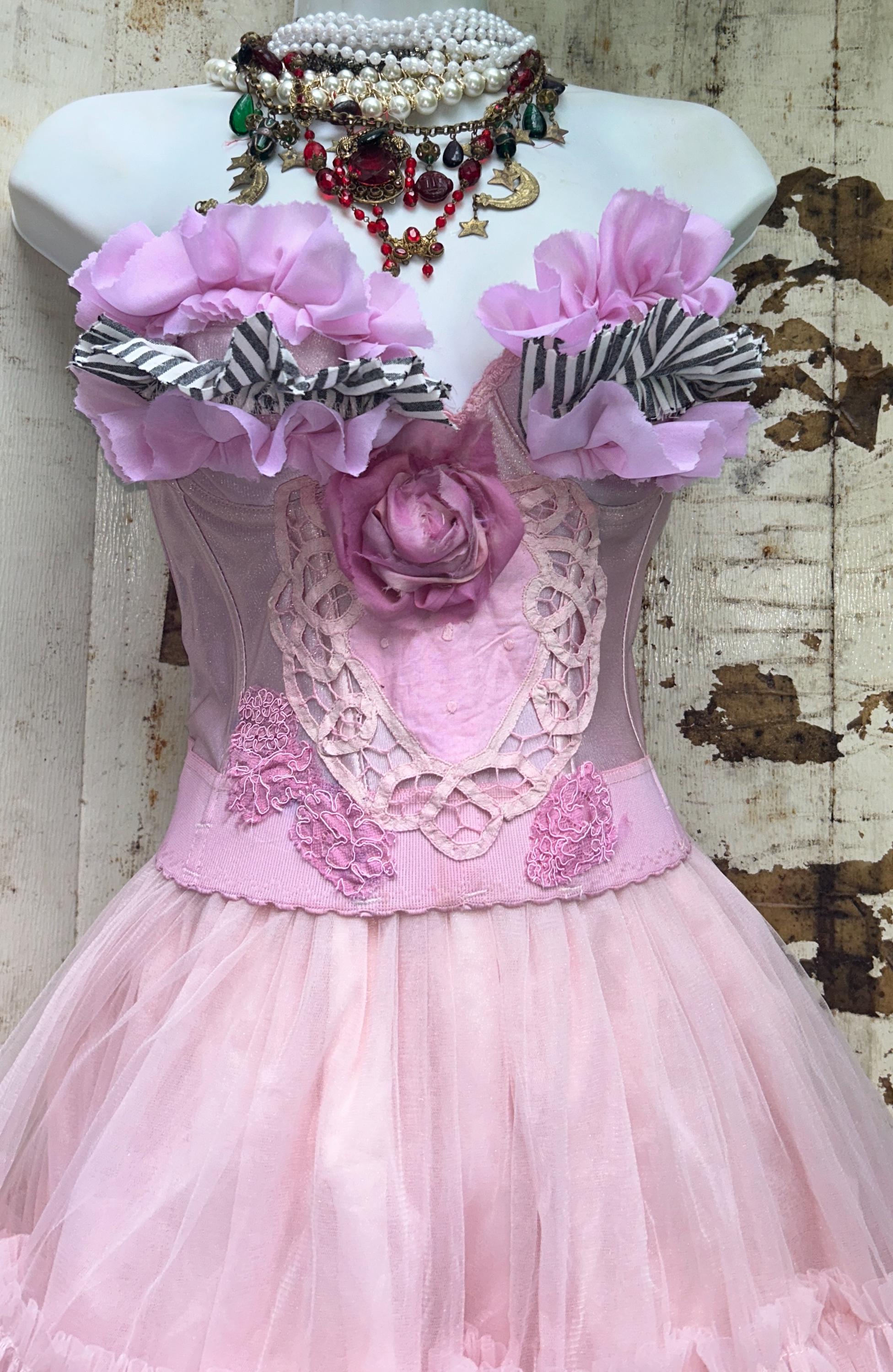 Pink Heart Bustier ,vintage Boudoir Ruffles Stripes Stage Cabaret