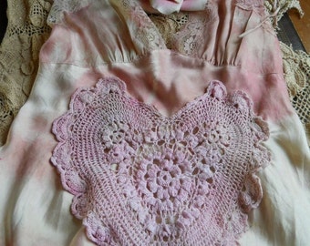 Pink silk  dress  tie dye crochet applique  boho   dolly wedding  custom size  by vintage opulence on Etsy