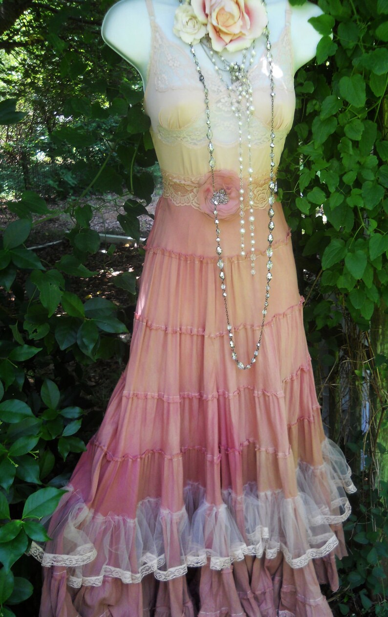 Pink boho dress maxi blush tea stained ruffles tiered cotton Etsy