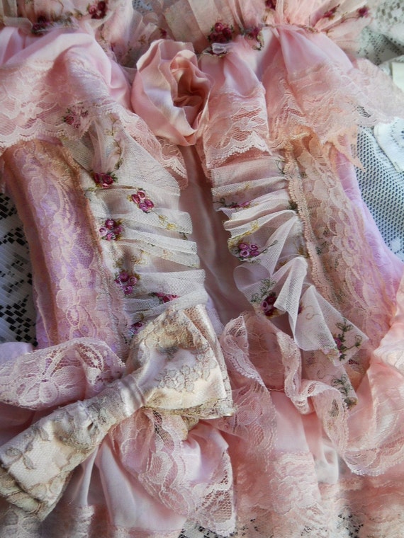 reserved for mareaclare Pink ruffles lace floral bustier corset rose bow  victoriana   burlesque  handmade by vintage opulence on Etsy