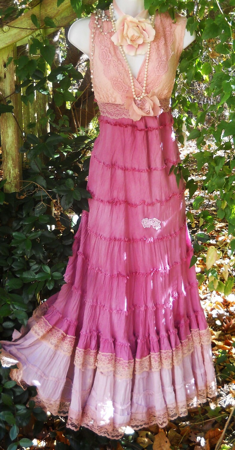 Pink Maxi Dresstea Stained Boho Gypsy Tiered Cotton Belly - Etsy