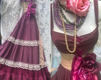 Burgundy cotton maxi  dress maroon purple tiered lace up festival  boho fairytale  rose medium  by vintage opulence on Etsy