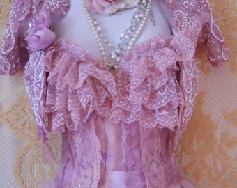 Dusty mauve lavender lilac ruffled lace  bustier corset boned victoriana romantic shabby customby vintage opulence on Etsy