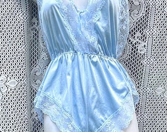 Blue satin teddy bodysuit  pin up vintage retro burlesque photoshoot boudoir festival Lacey romantic lingerie powder blue French small