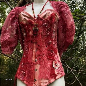 Red beaded corset lace appliques  victoriana romantic pin-up  burlesque photoshoot boudoir boned vampy scarlet flowers  small  28