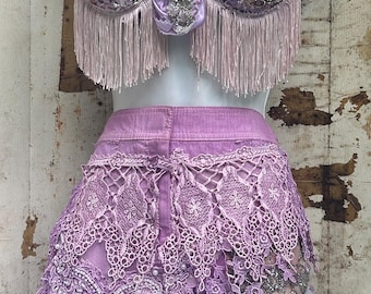 Conjunto de festival con sujetador morado de cuentas y pedrería, disfraz de burlesque para fiesta de verano, talla pequeña 34 36 B