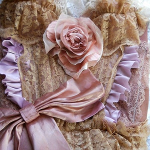 Beige lace bustier tea  stained lace ruffled top for stage costume performance retro pin up romantic boho lace and satin bow bustier custom