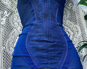 Blue vintage girdle , navy body shaper 60s Lacey bodysuit, lingerie collectors rare   pin up burlesque boudoir lingerie 36 , garters