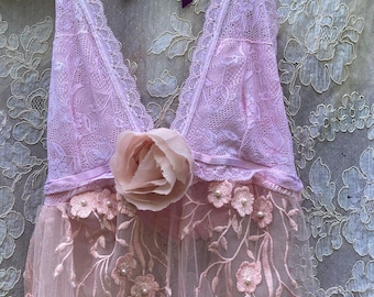 Sheer pink  dress lace tulle   romantic boho vintage  dance small  by vintage opulence on Etsy