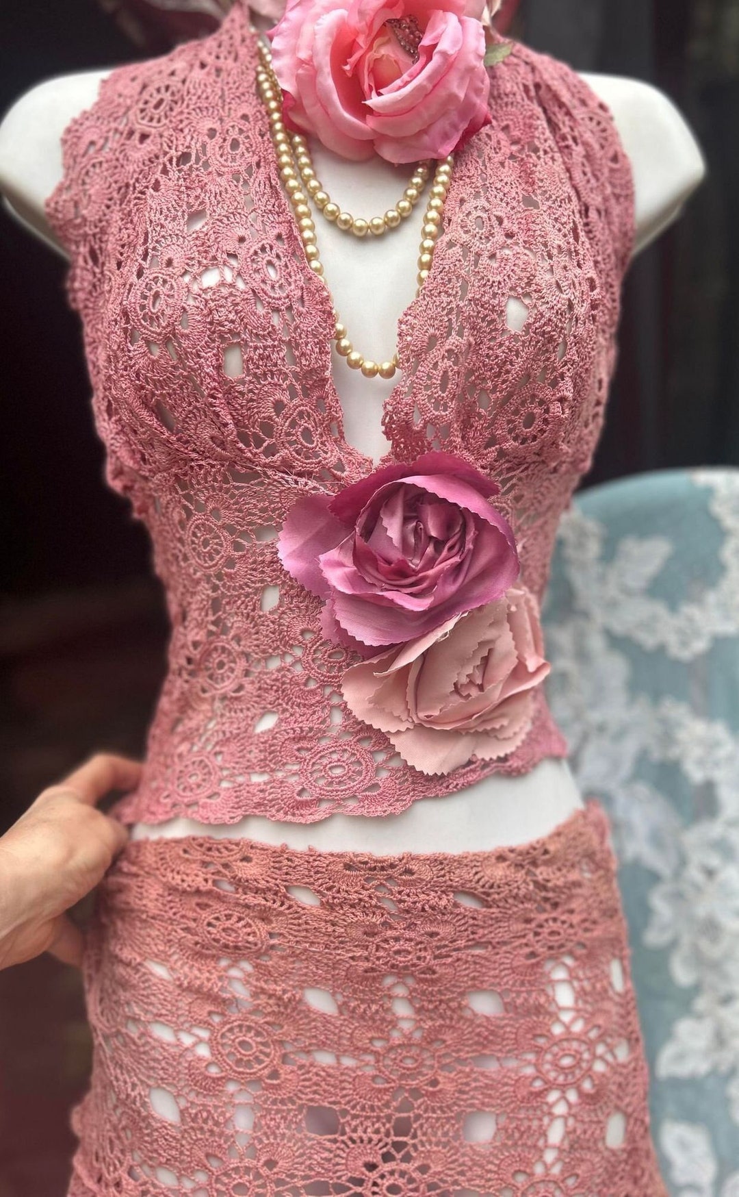 crochet floral lace eyelash top & slinky skirt sets