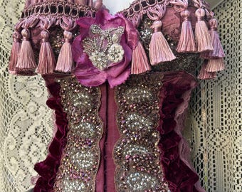 Completo reggiseno e corsetto con perline viola, costume da burlesque vittoriano (36B)
