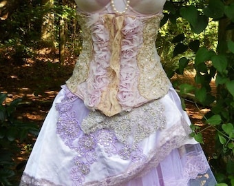 Lilac,mauve, pink, ecru, , lace,beaded, sparkle, waist cincher, roses, Custom made to order