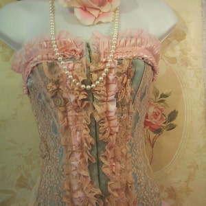 Pink blue and celedon green silk and lace ruffled bustier,corset S custom sizes