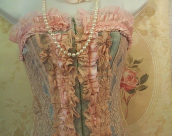 Pink ruffles lace floral bustier corset rose bow  victoriana   burlesque  handmade by vintage opulence on Etsy reserved for mareaclare