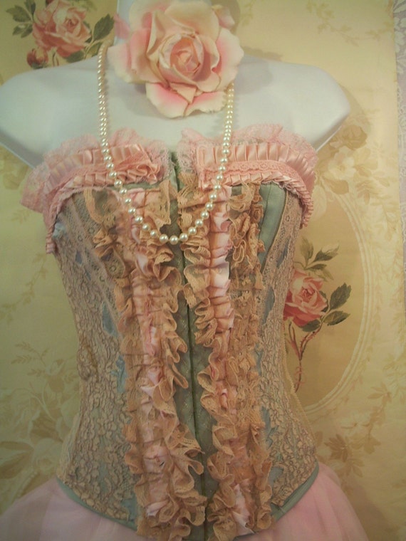 Pink Blue and Celedon Green Silk and Lace Ruffled Bustier,corset S Custom  Sizes 
