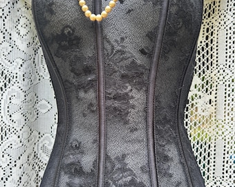 Vintage Black Lace Bustier, Boned Corset with Garters, Size 36