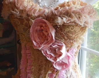 Tea stained, dusty rose,  lacey ruffled   bustier velvet roses victoriana romantic by vintage opulence on Etsy custom