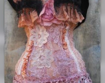 Beige lace bustier pink  cream ruffles beading Victoriana romantic pin up burlesque custom made by Vintage Opulence on Etsy