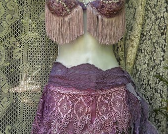 Purple beaded bra and skirt set festival outfit , summer party burlesque costume, smal