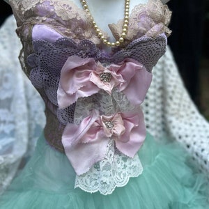 Lace bows bustier  lavender pink vintage French  Rococo Marie Antoinette costume burlesque romantic gift  bustier36/ 38B theater costume