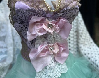 Lace bows bustier  lavender pink vintage French  Rococo Marie Antoinette costume burlesque custom