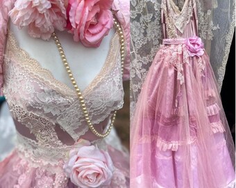 Pink maxi  dress  satin  lace  tulle  ruffles  fairytale wedding small  by vintage opulence on Etsy