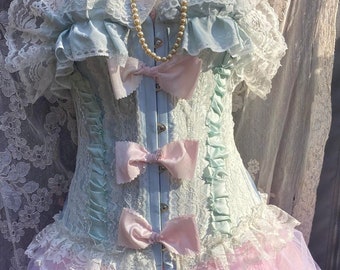 Pale blue corset lace  ruffles pink bows Marie Antoinette rococo French vintage baroque burlesque  costume custom