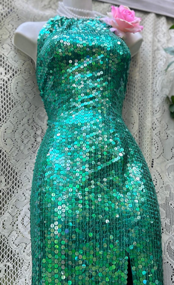 Green sequin dress , vintage full length formal, cocktail burlesque lounge gown , aqua sparkle gown drag stage performance small 4