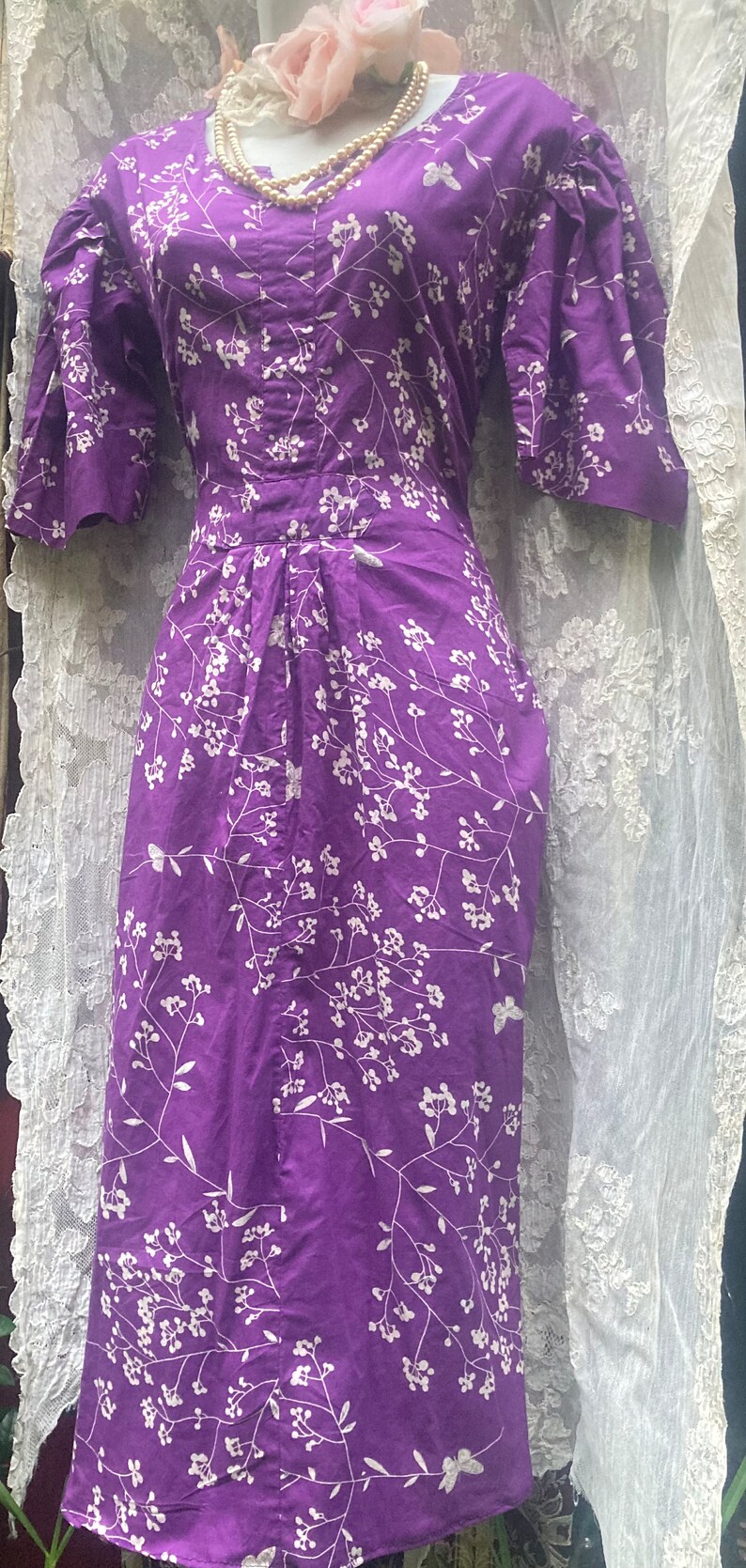 Purple midi dress Floral cotton vintage small from vintage opulence on Etsy image 2