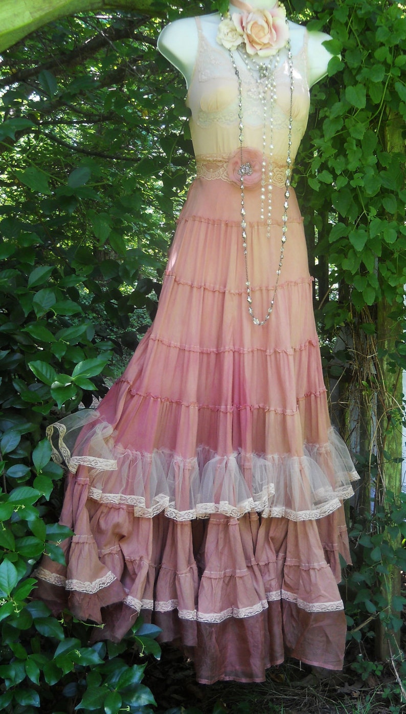 Pink boho dress maxi blush tea stained ruffles tiered cotton | Etsy