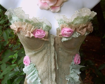 Vintage pale celedon green ruffle lace bustier pink velvet roses Custom