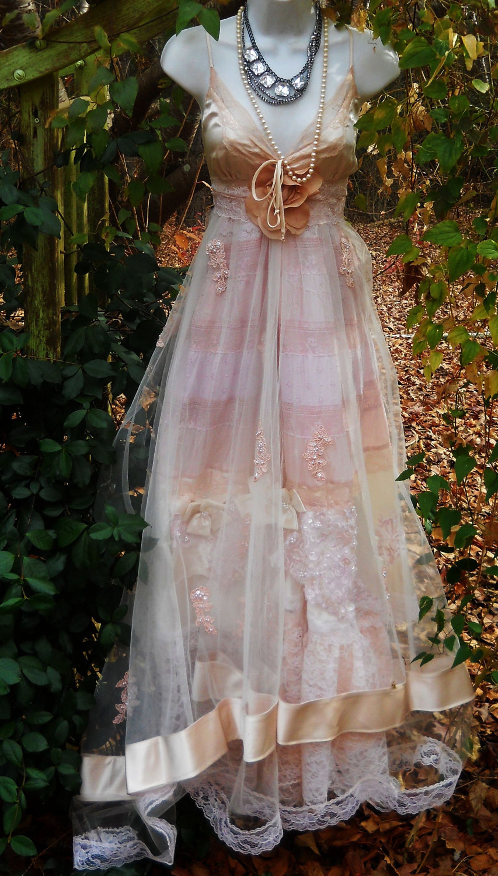 Blush wedding dress vintage tulle satin beading ethereal | Etsy