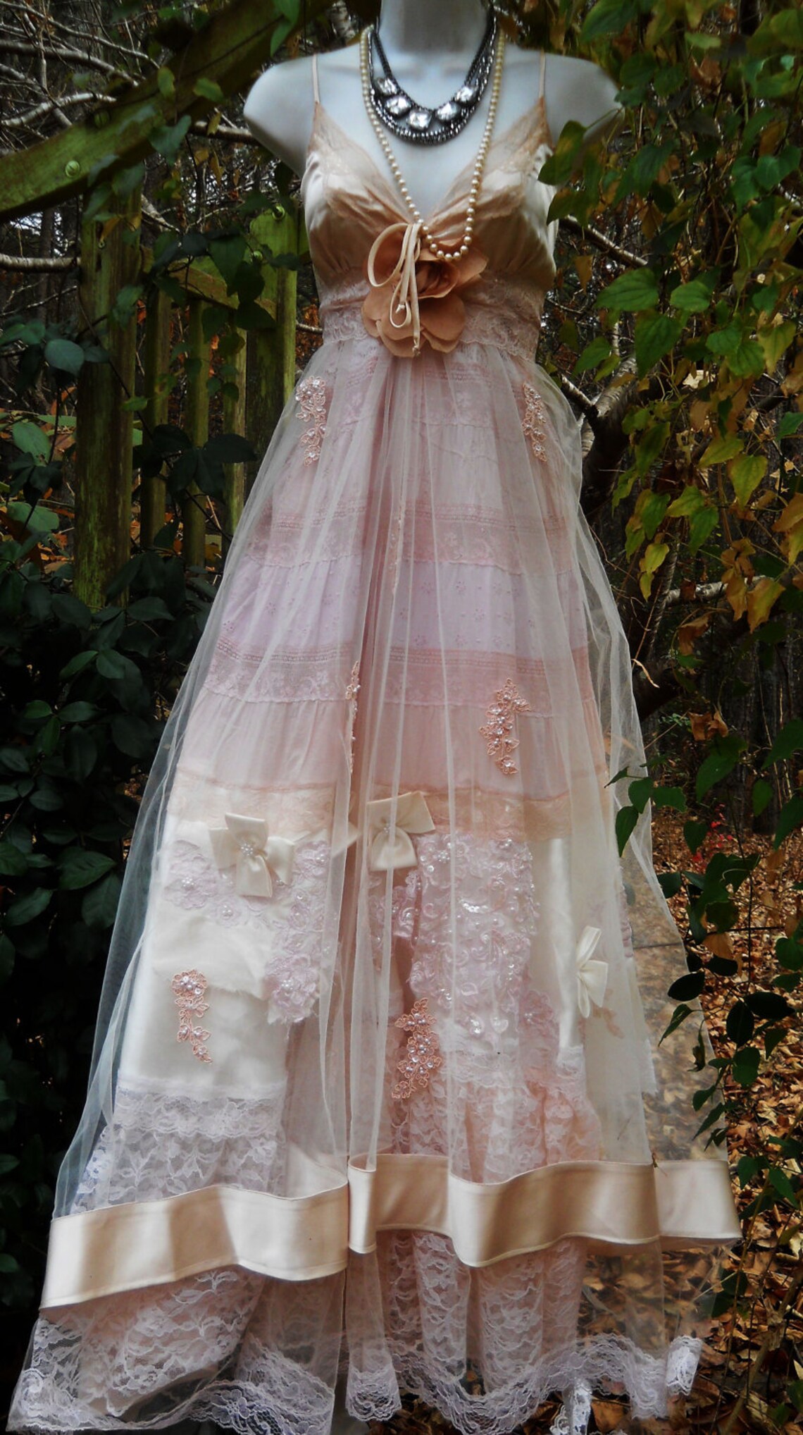Blush Wedding Dress Vintage Tulle Satin Beading Ethereal Etsy