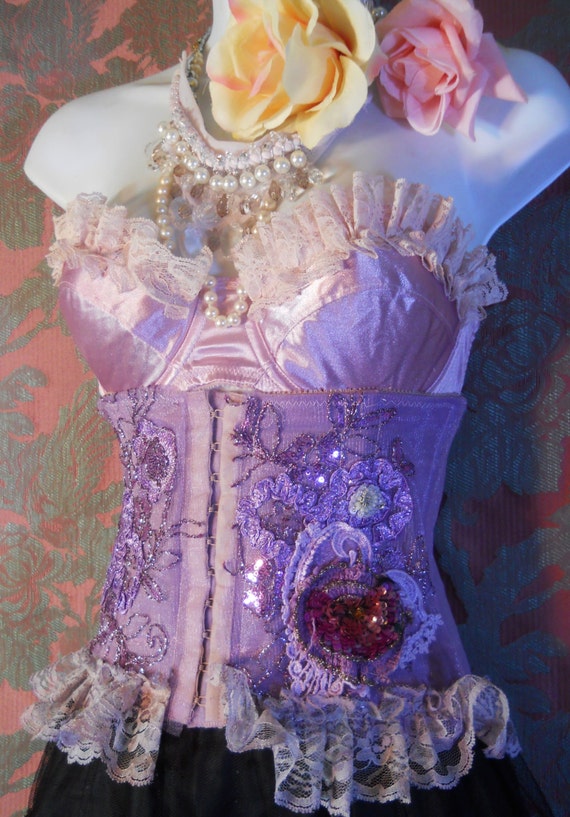 Lilac Waist Cincher Boned Lace Appliques Beading Romantic Custom