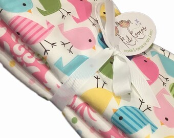 Cute Birds, Pink Damask & Pastel Dots. Set of 3 Burp Cloths. 10x21" absorbent Terry cloth cotton.