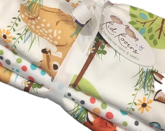 Woodland Wildlife and Nature Dots, Set of 3 Burp Cloths, 10x20" absorbent cotton Terry cloth.