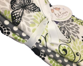 Neutral Lime, Grey, Black and White Butterfly and dot, Set of 3 Burp Cloths, 10x20" absorbent cotton Terry cloth.