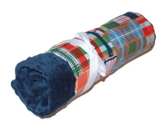 Patchwork Plaid on Navy Minky, Baby Blanket