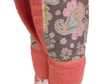 Jolie pastel floral swirl Coral Hooded Towel, Personalization Available, Embroidery, Monogram, Toddle & Big Kid Towel, Beach Towel, gift.