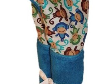 Blue Monkeys on an Azure Blue Hooded Towel, Personalization Available, Embroidery, Monogram, Toddle & Big Kid Towel, Beach Towel, gift.