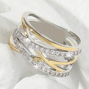 Crossover Half Eternity Wide Wedding Band, Round Cut Moissanite Engagement Criss Cross Ring, Two Tone Overlap Wrap Multi Row Stacking Band
