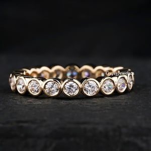 Bubble Diamond Bezel Set Wedding Band, Full Eternity Band, 3.5 MM Round Moissanite Engagement Band, 14K Yellow Gold Bezel Set Delicate Band